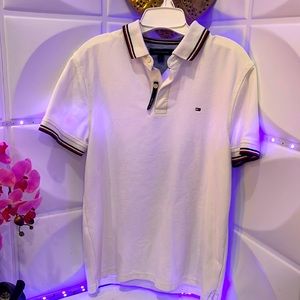 Tommy Hilfiger, Mens Medium, White Polo with Blue, Res Stripes